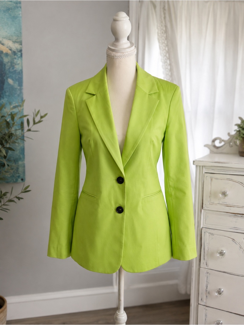 Avec Les Filles Lime Green Linen Blazer S Neon Chartreuse Tailored Jacket NW